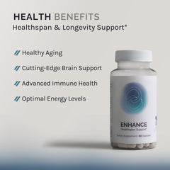 InfiniWell Enhance bottle side, clear capsules and daily dosing for longevity support.