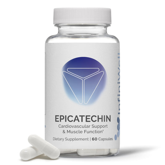InfiniWell Epicatechin bottle on display, supports muscle function and recovery.
