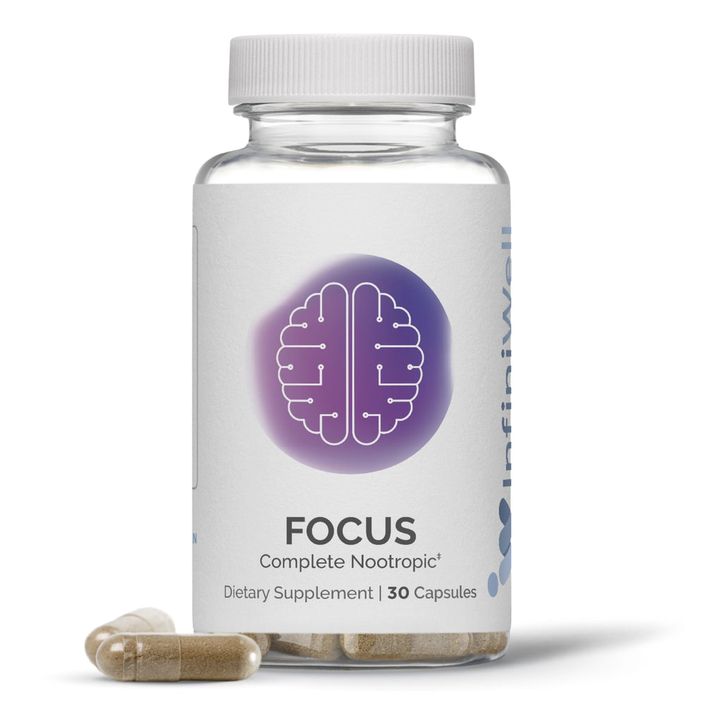 InfiniWell Focus bottle on desk showing convenient capsules for daily cognitive support.