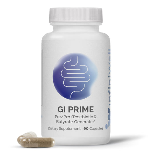 InfiniWell GI Prime bottle front promotes gut health and immune support