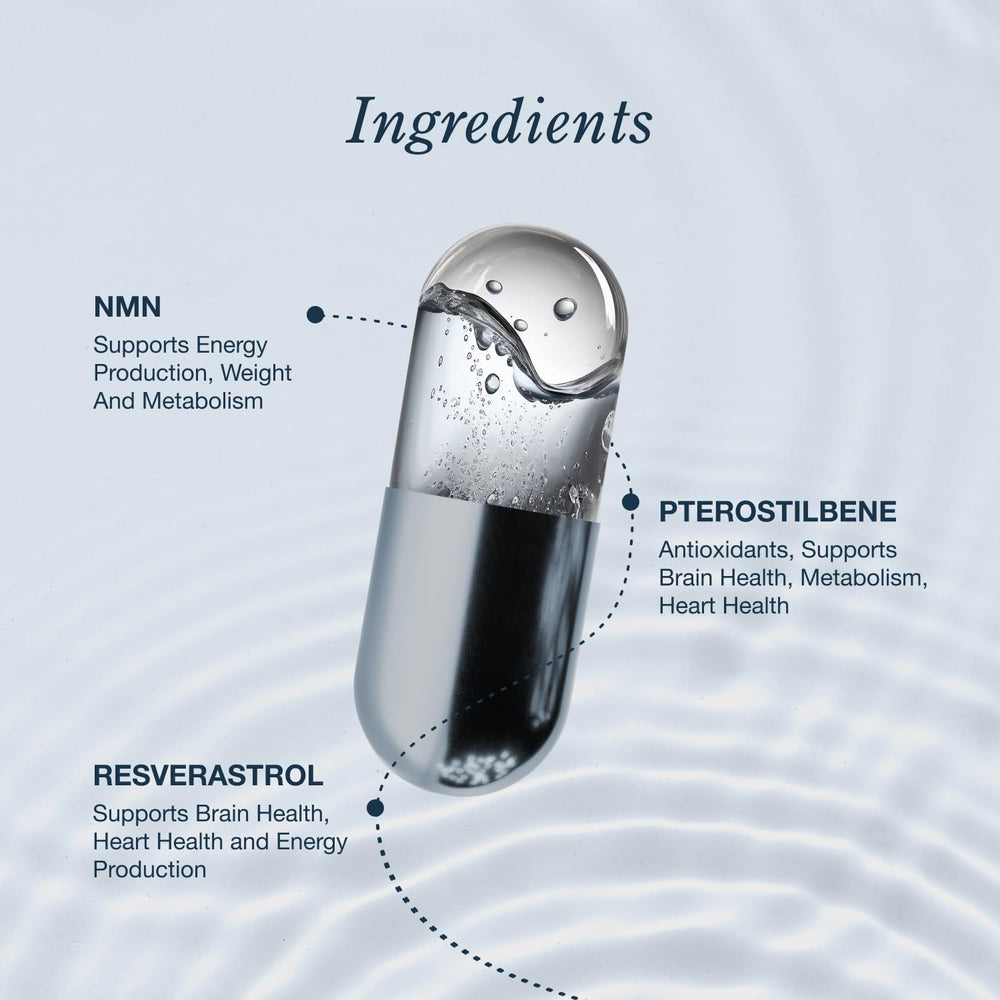InfiniWell NMN supplement label with ingredients and dosage information.