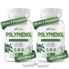 inGreens 25-in-1 polyphenols bottle label highlighting organic vegan formula for daily antioxidant support