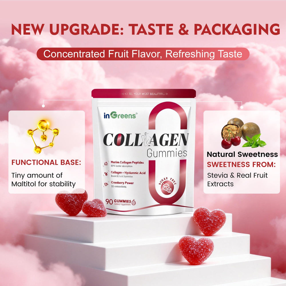 Close-up of the inGreens gummies label highlighting marine collagen and sugar-free formulation.