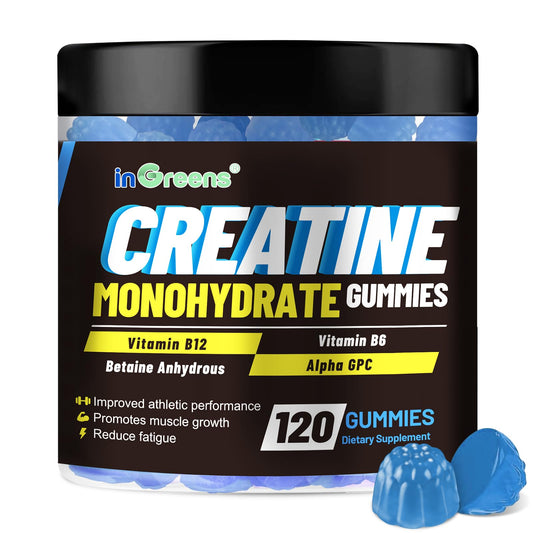 inGreens Creatine Monohydrate Gummies bottle front, convenient daily supplement for workouts.