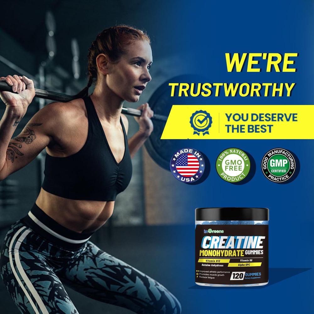 inGreens Creatine Monohydrate Gummies bottle label view, clear ingredients information.