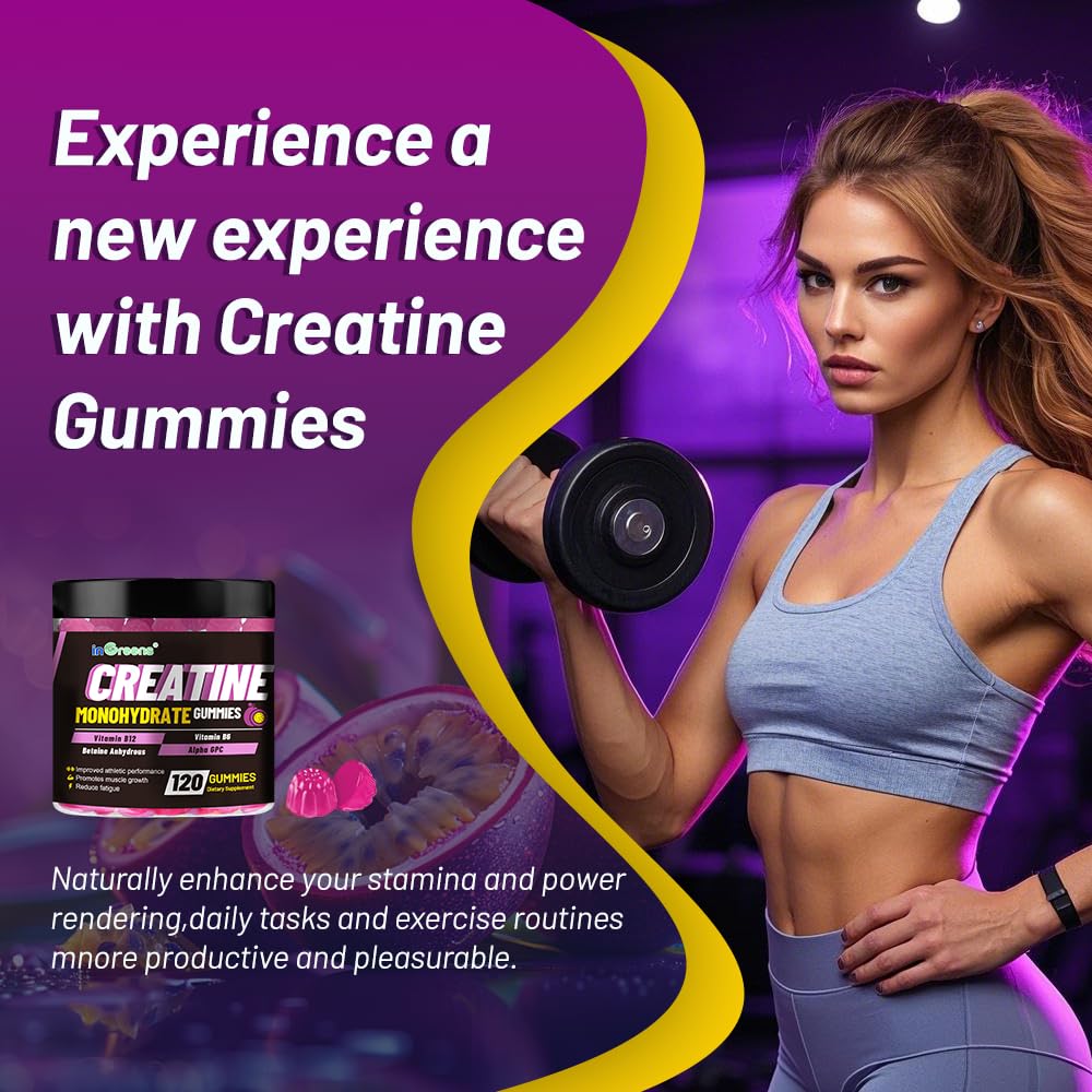 Close-up of inGreens Creatine Monohydrate Gummies showing berry flavor and convenience.