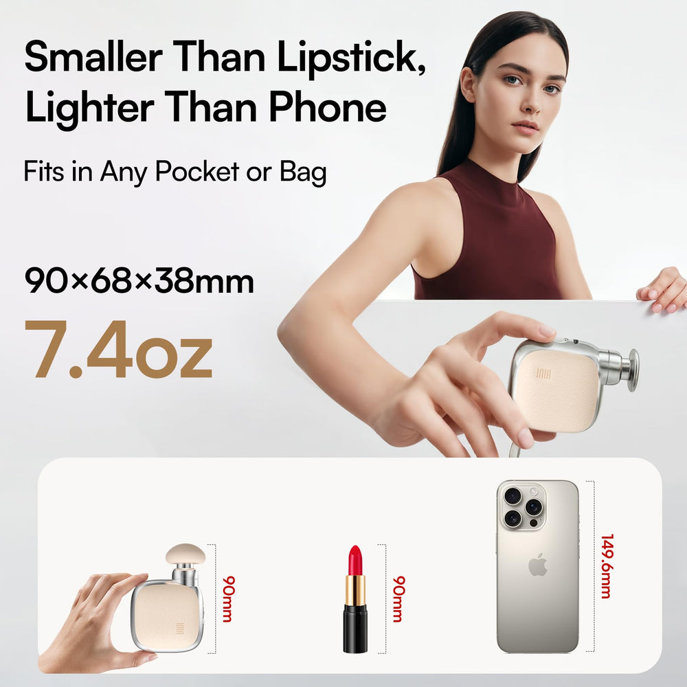 INIA PocketForce mini massager side view, compact travel-ready design.