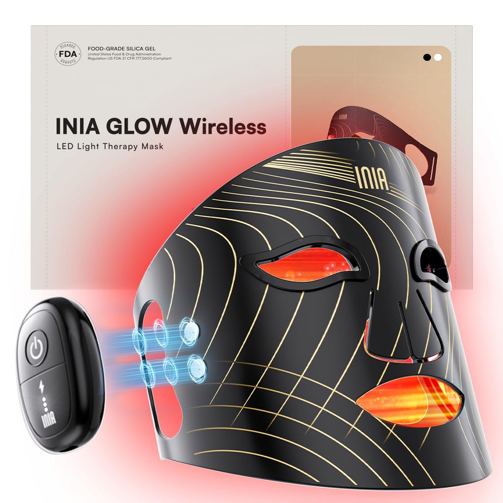 INIA Red Light Therapy Mask face front showing cordless design for travel-friendly skincare