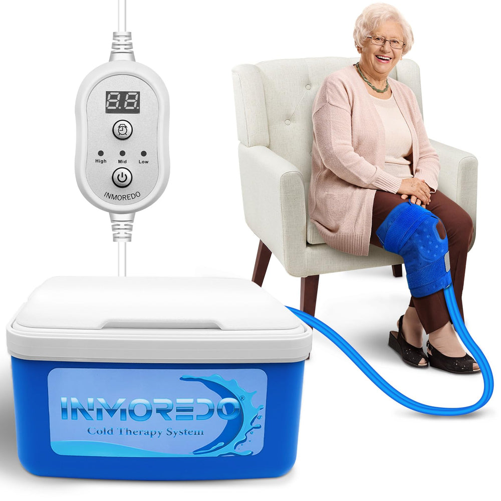 Inmoredo knee ice machine for after-surgery use showing practical home recovery aid