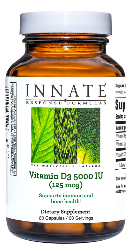 Innate Response Formulas D3 5000 IU bottle showing bone-support packaging.