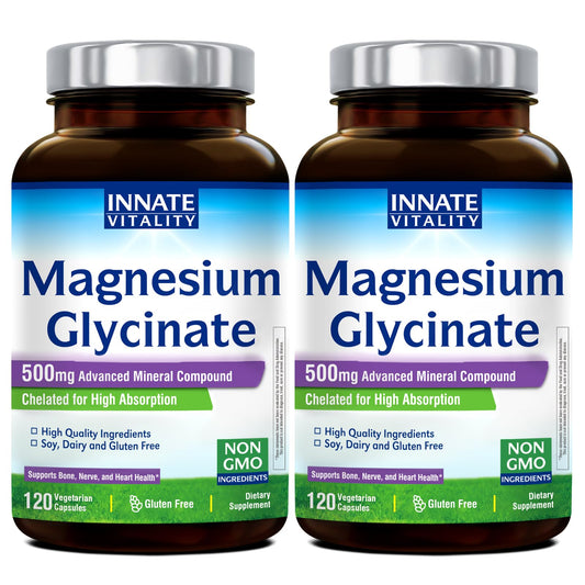 Innate Vitality Magnesium Glycinate 500mg bottle front view showing label and branding for high-absorption support