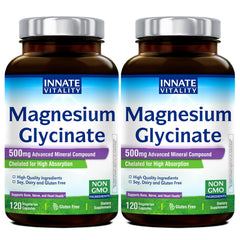 Innate Vitality Magnesium Glycinate 500mg bottle front view showing label and branding for high-absorption support