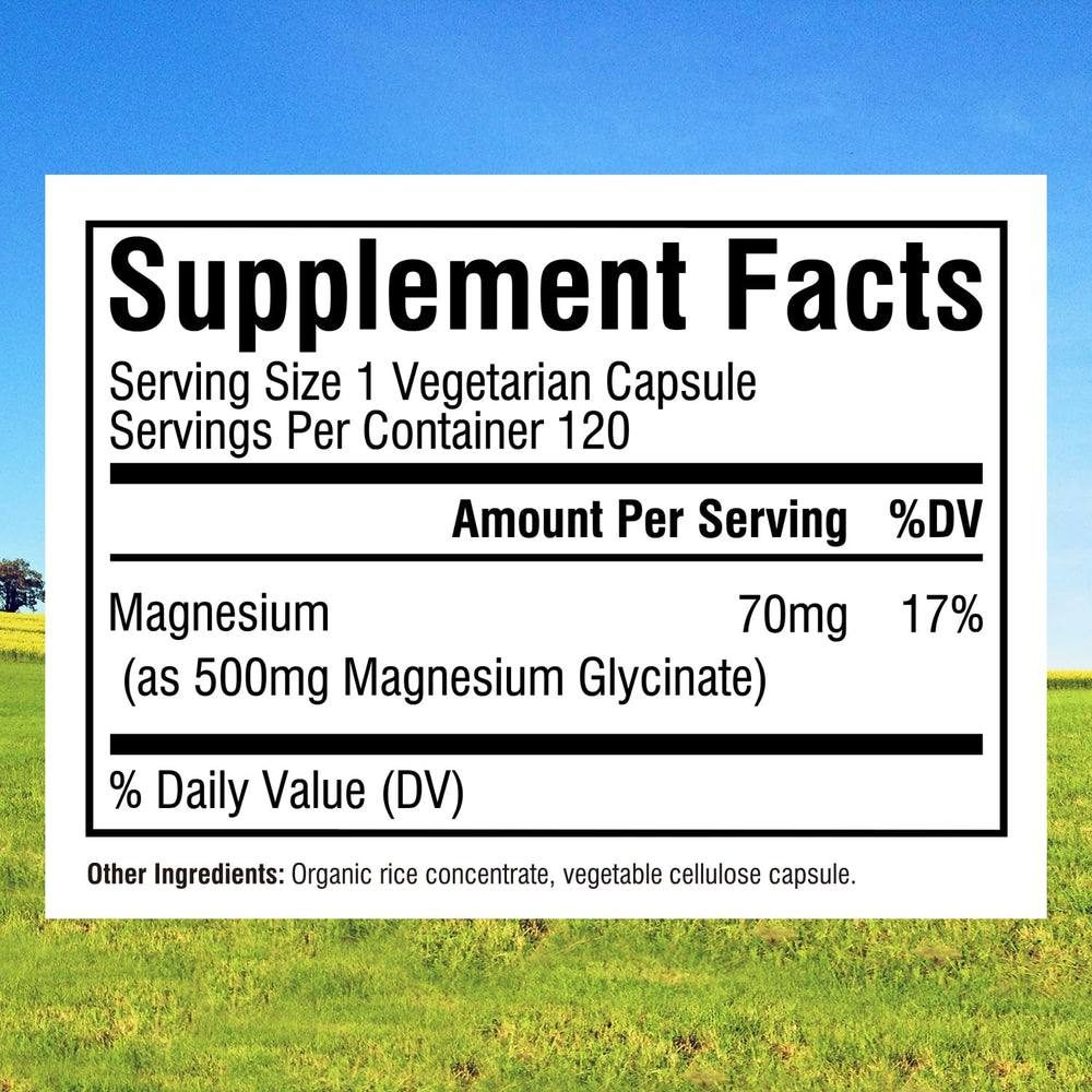 Innate Vitality Magnesium Glycinate 500mg bottle side view highlighting packaging and ingredients