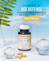 Inner Glow Age Defense ingredient powder scoop showing blend of antioxidants.