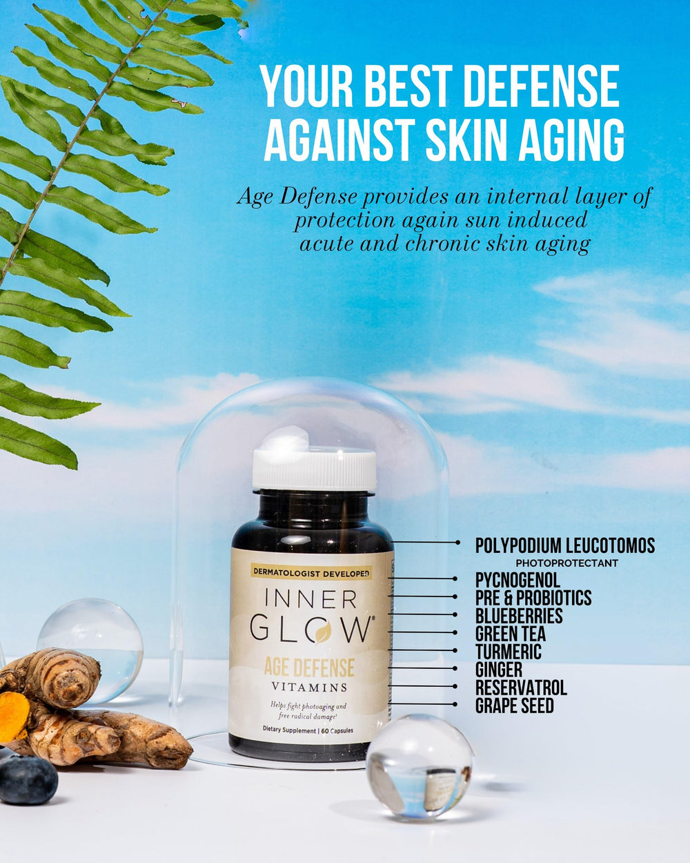 Inner Glow Age Defense polypodium leucotomos component highlighted on packaging.