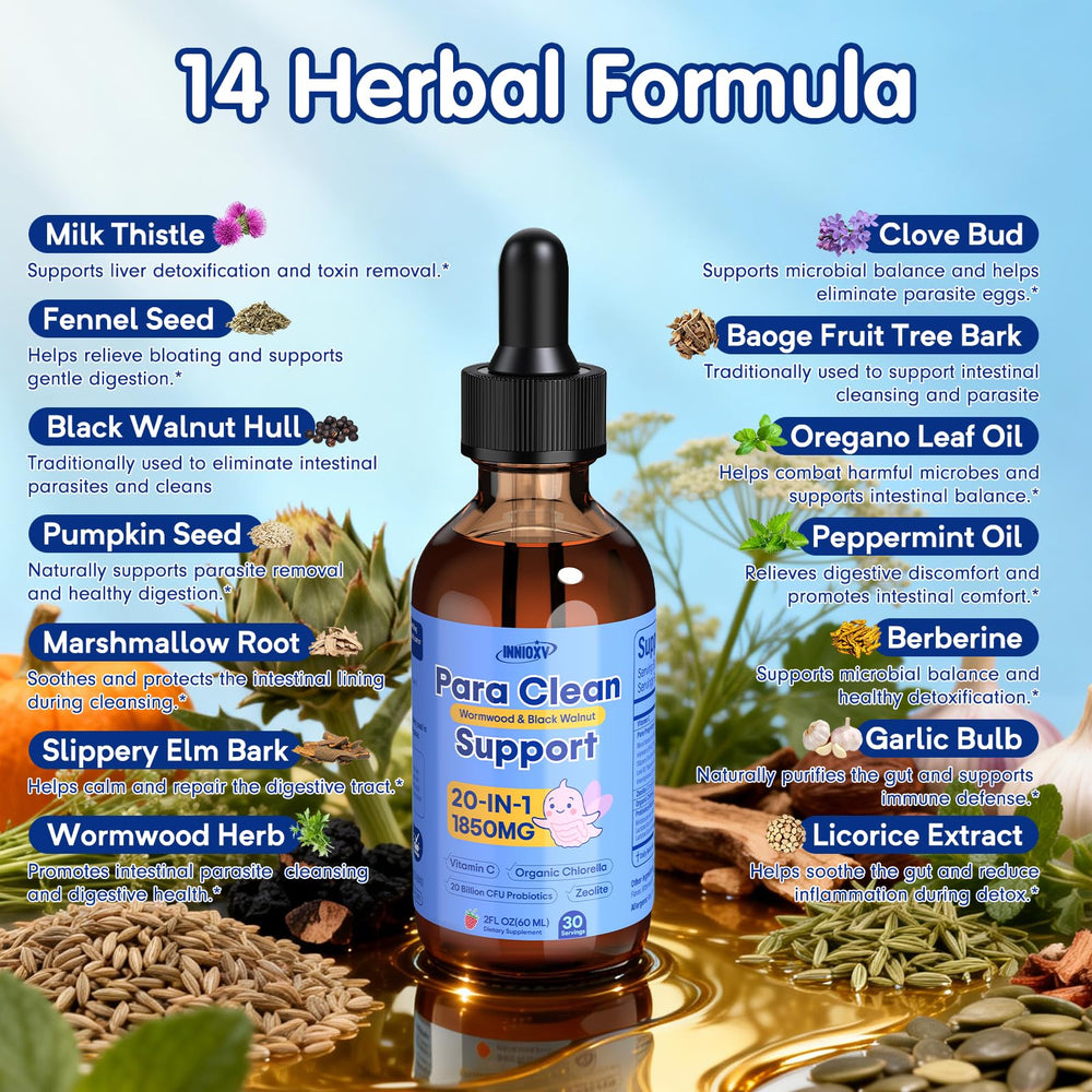 INNIOXV Parasite Cleanse graduated dropper showing precise 2 mL servings