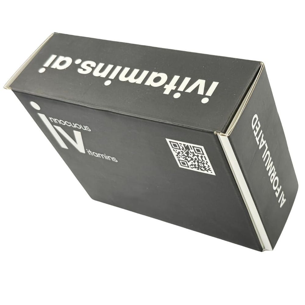 Eco-friendly aluminum packaging from Innocuous Vitamins for sustainable storage.