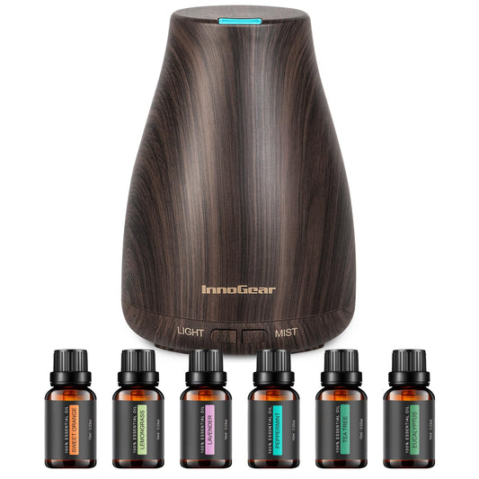 InnoGear diffuser wood grain closeup: elegant design enhances any room ambiance.