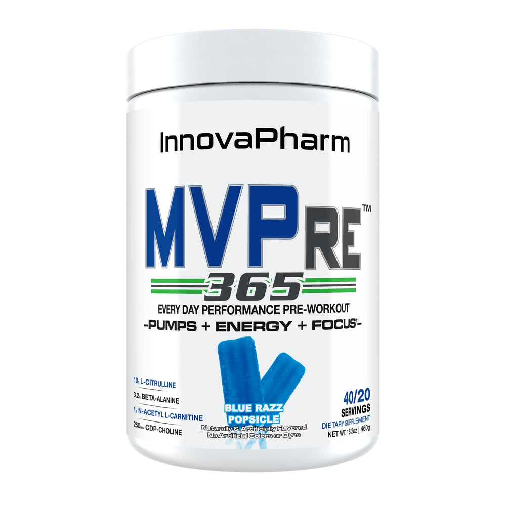 InnovaPharm MVPre 365 Blue Razz Popsicle tub with vibrant powder for focused workouts.