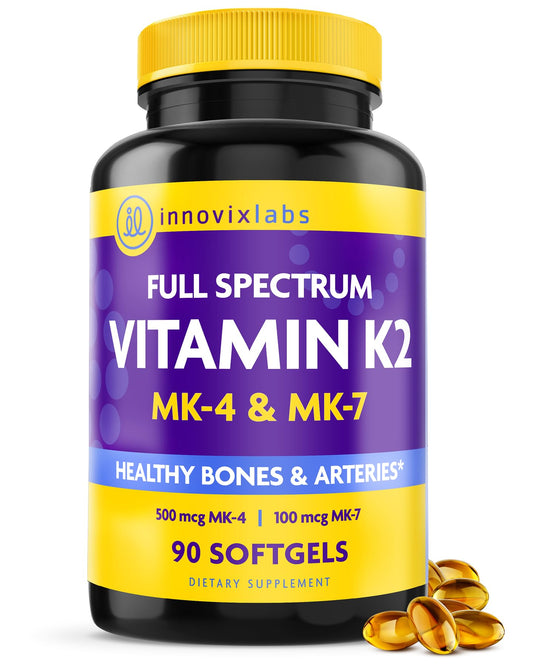 InnovixLabs Full Spectrum K2-90 softgels bottle with MK4 MK7 for bone support