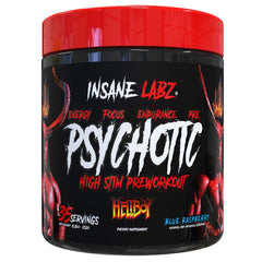 Insane Labz Hellboy Edition bottle front with blue raspberry branding for energizing workouts and focus.