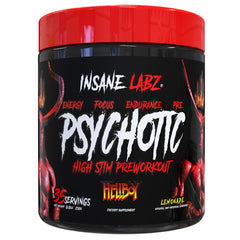 Insane Labz Hellboy Edition bottle pouring pre-workout powder for sustained energy.