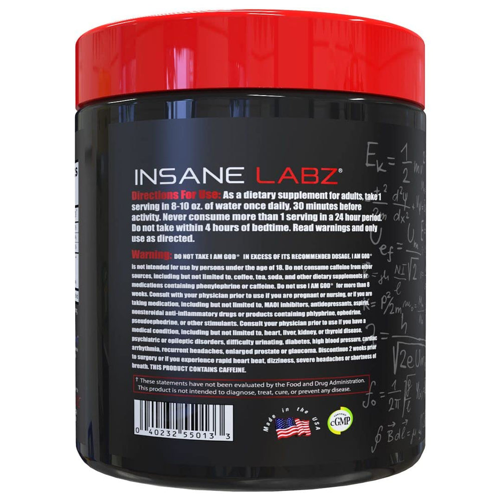 Bottle side view of Insane Labz I am God with AMPiberry formula.
