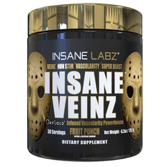 Insane Veinz Gold bottle front highlights premium non-stimulant pre-workout for vascularity