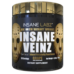 Insane Labz Insane Veinz Gold bottle displaying a potent nitric oxide boost for workouts