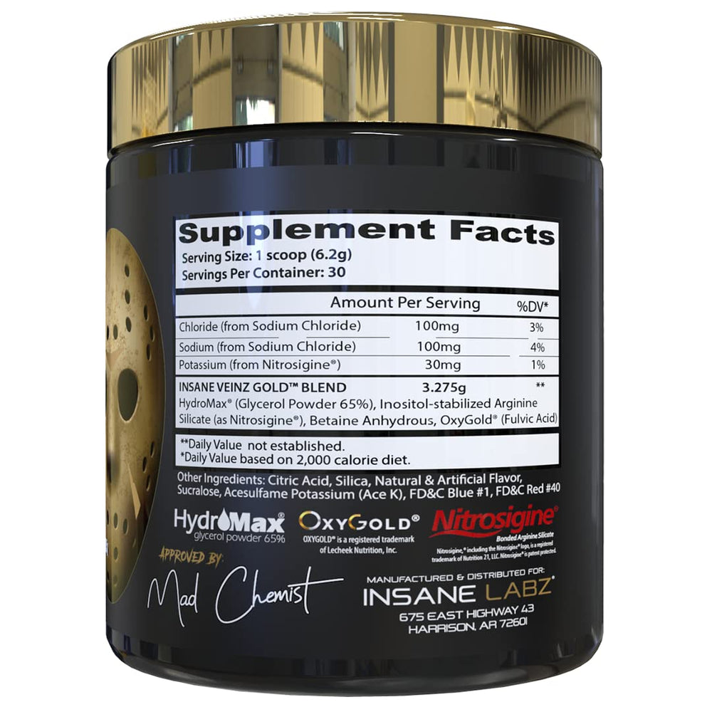 Close-up of Insane Veinz Gold label highlights non-stimulant pre-workout formulation
