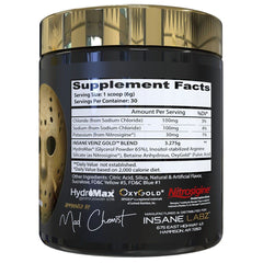 Close-up of Insane Veinz Gold label highlighting Hydromax and Nitrosigine.