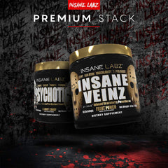 Serving of Insane Veinz Gold on a gym bench emphasizing non stimulant design.