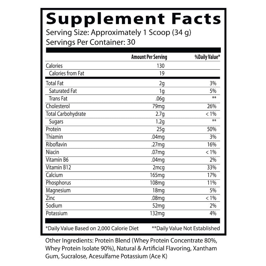Nutrition label of Insane Whey highlights 25g protein per serving and low sugar.