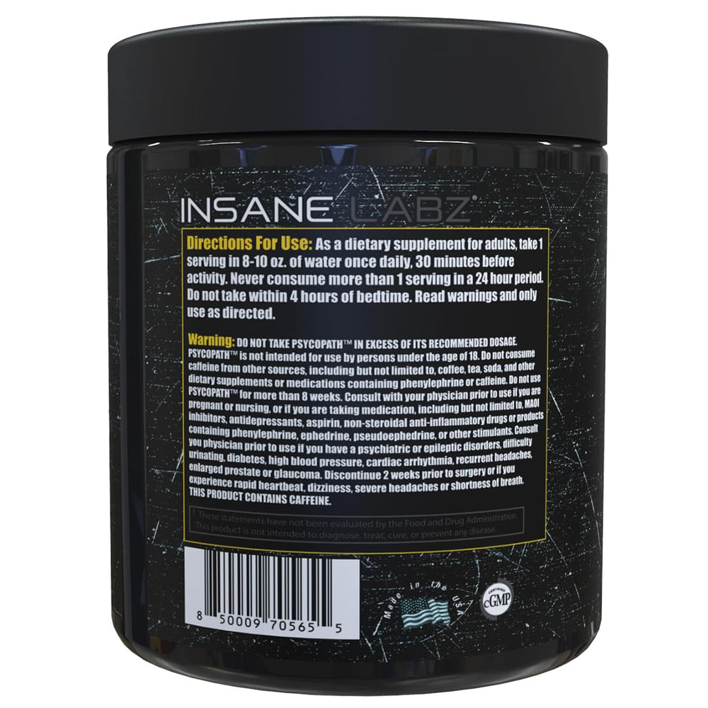 Insane Labz Psychopath label detail showcases key ingredients for endurance support
