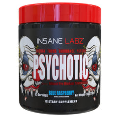 Insane Labz Psychotic blue raspberry tub showing the product in a gym setting for lasting energy during workouts.