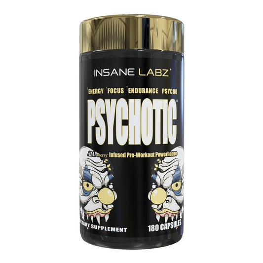 Insane Labz Psychotic Gold capsules closeup showing energy-boosting pre-workout formula.