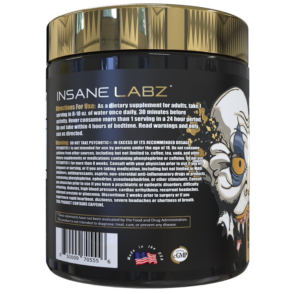 Insane Labz Psychotic Gold label closeup with L-Citrulline and Beta-Alanine details