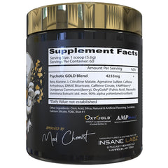 Insane Labz Psychotic Gold scoop in tub signals potent pumps and sustained energy