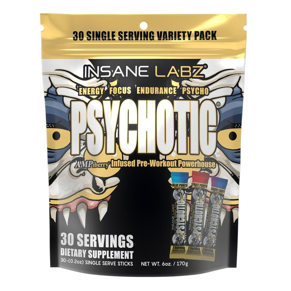 Insane Labz Psychotic Gold canister front for high-energy pre-workout use.