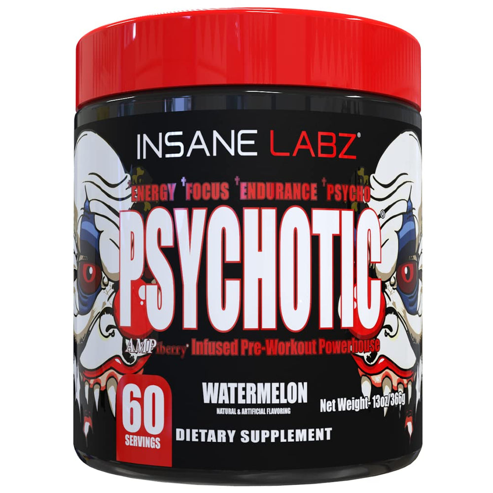 Insane Labz Psychotic powder can closeup highlighting premium energy for intense workouts.