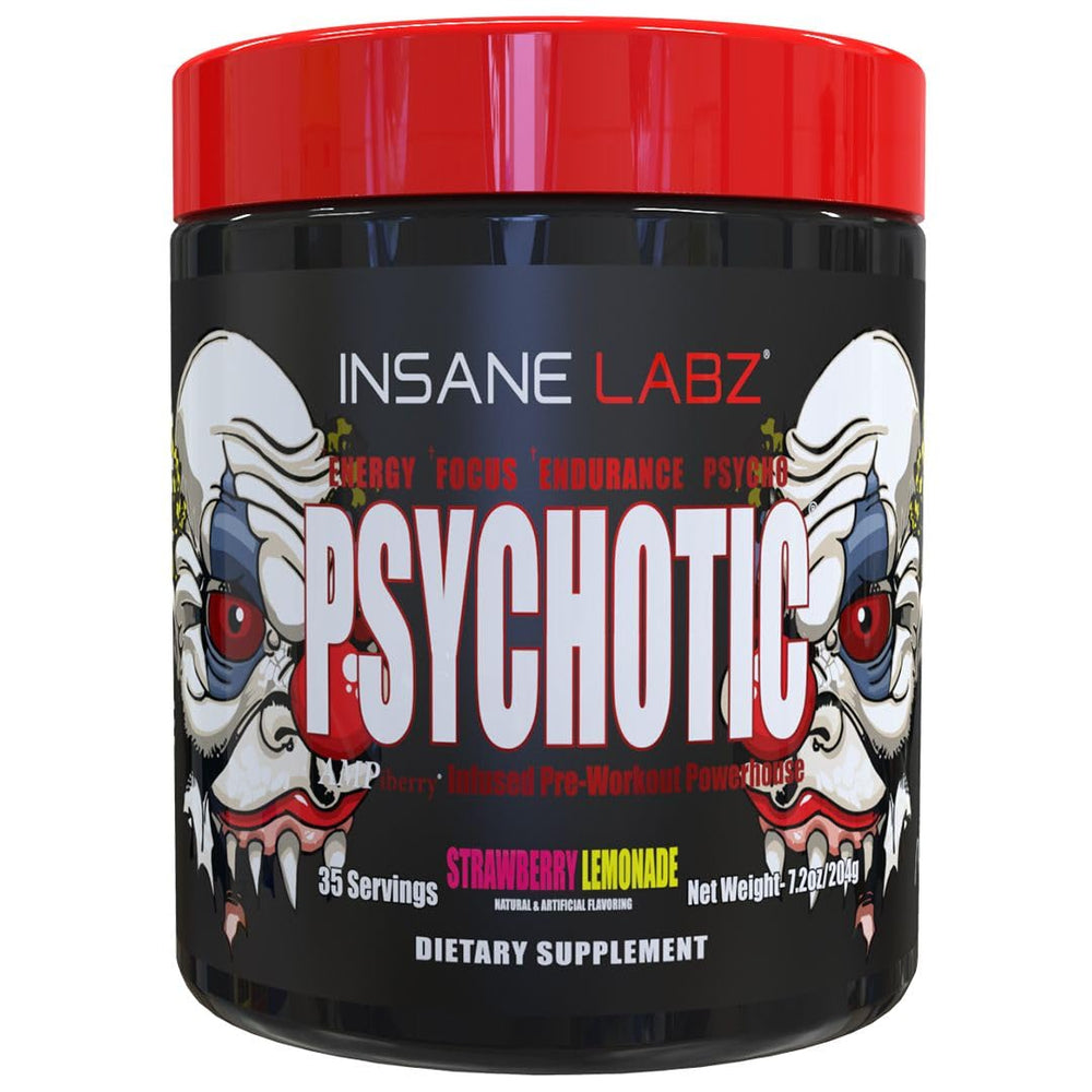 Insane Labz Psychotic powder tub ready to mix for sustained energy and sharp focus.