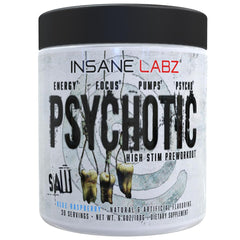 Insane Labz Psychotic SAW blue raspberry bottle for high-energy workouts