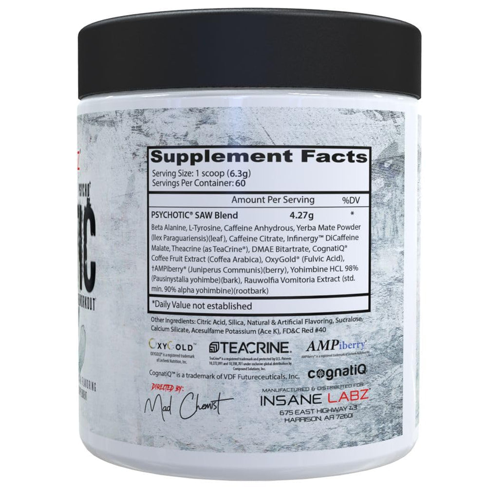 Psychotic SAW scoop inside reveals easy dosing for explosive workouts and quick mixing.