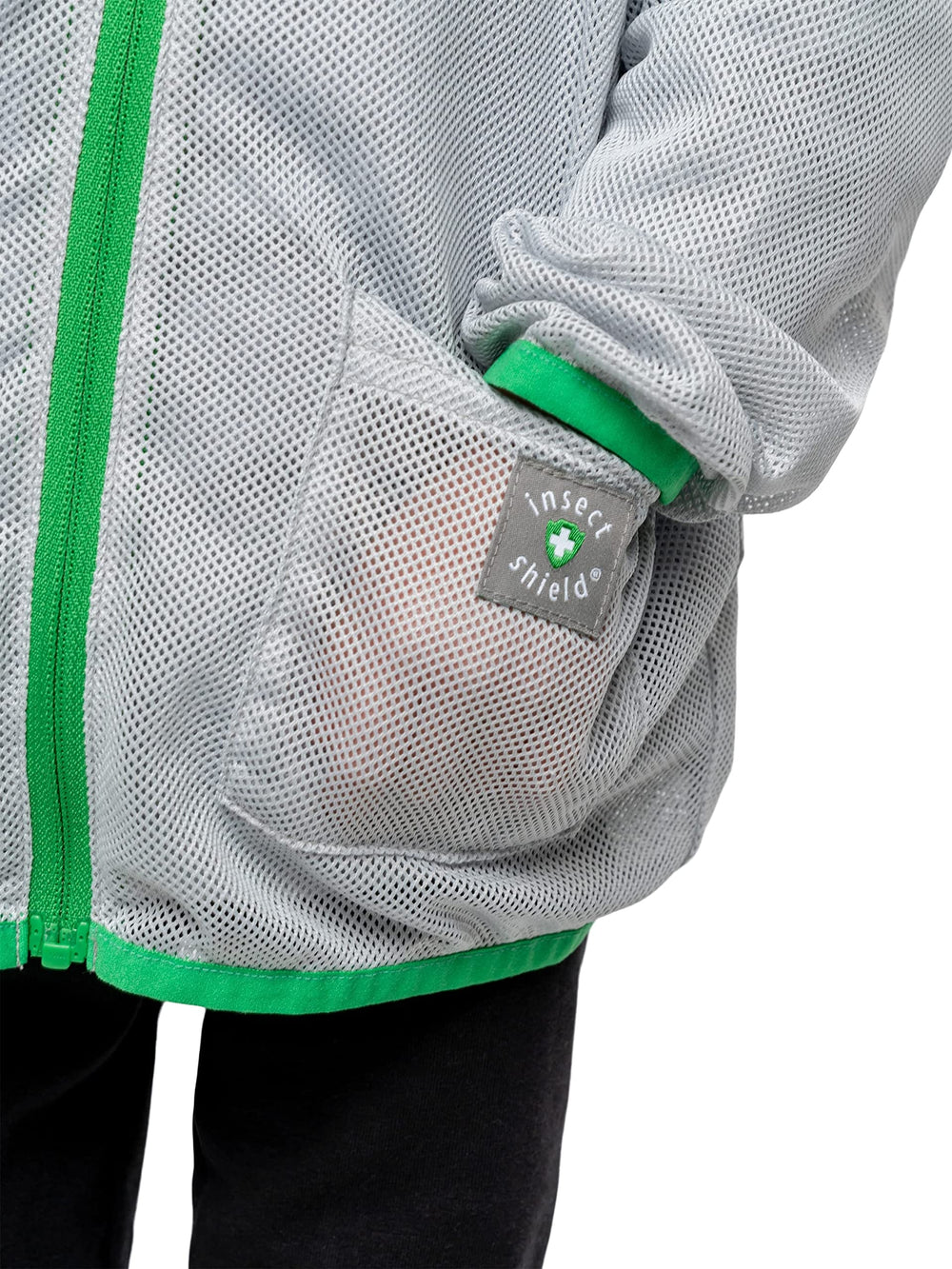 Child wearing Insect Shield Toddler HaloNet Hoodie during outdoor play.