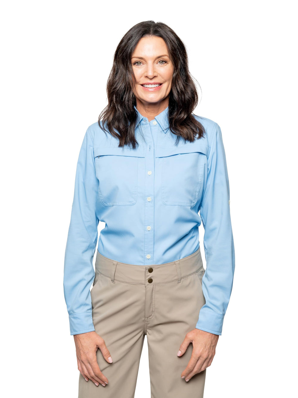 Insect Shield Women's Elements Lite Shirt sky blue front view with zip pocket for on-the-go storage