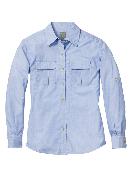 Insect Shield Women's Field Shirt Pro front view showing protective weave and blue color