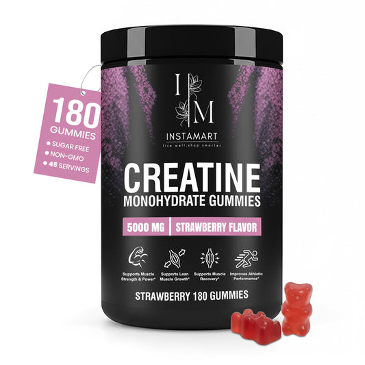 INSTAMART Creatine Gummies bottle front showing 180-count for muscle energy