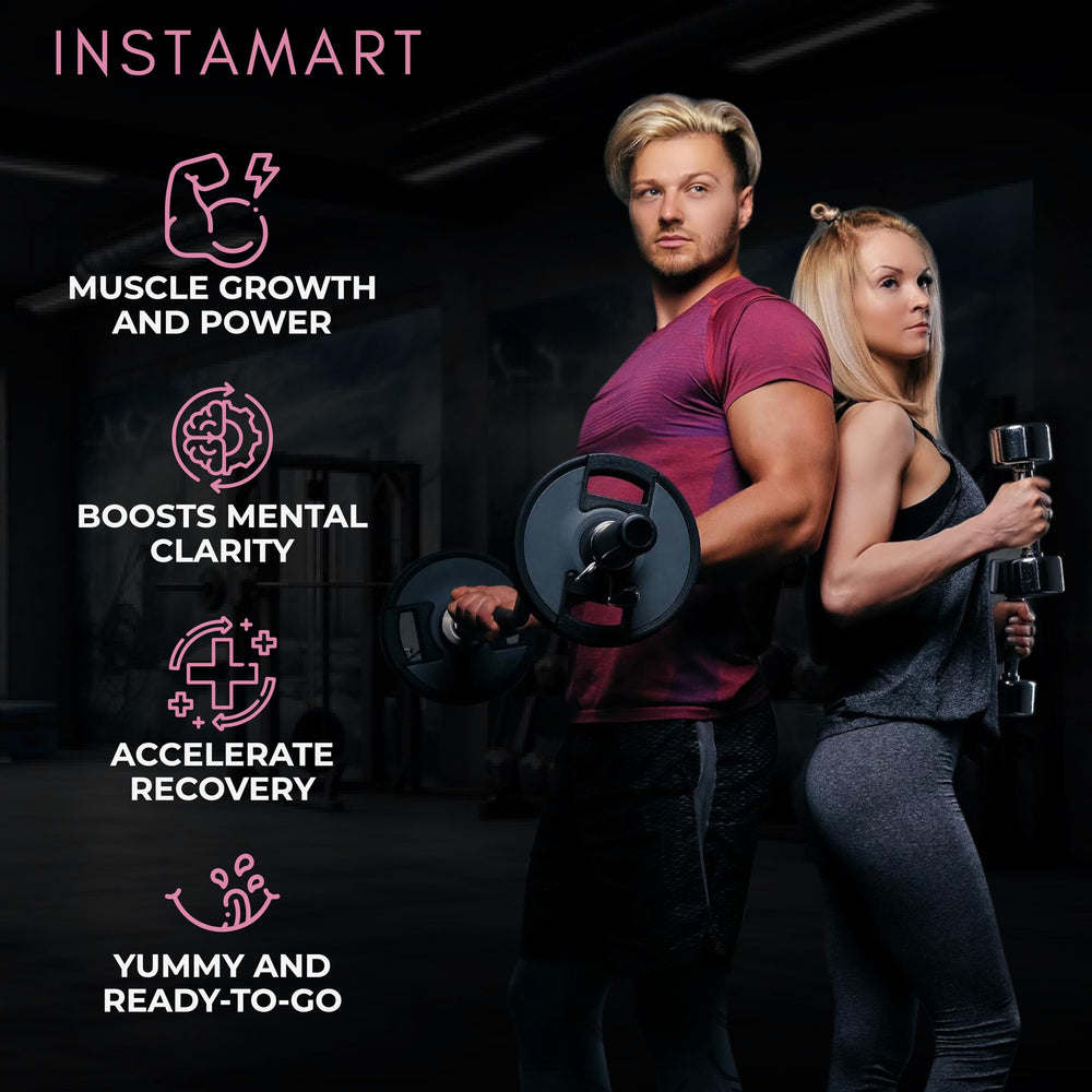 INSTAMART Creatine Gummies bottle with glass for post-workout recovery