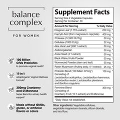 Balance Complex ingredients collage highlights cranberry, oregano, and aloe for holistic care.