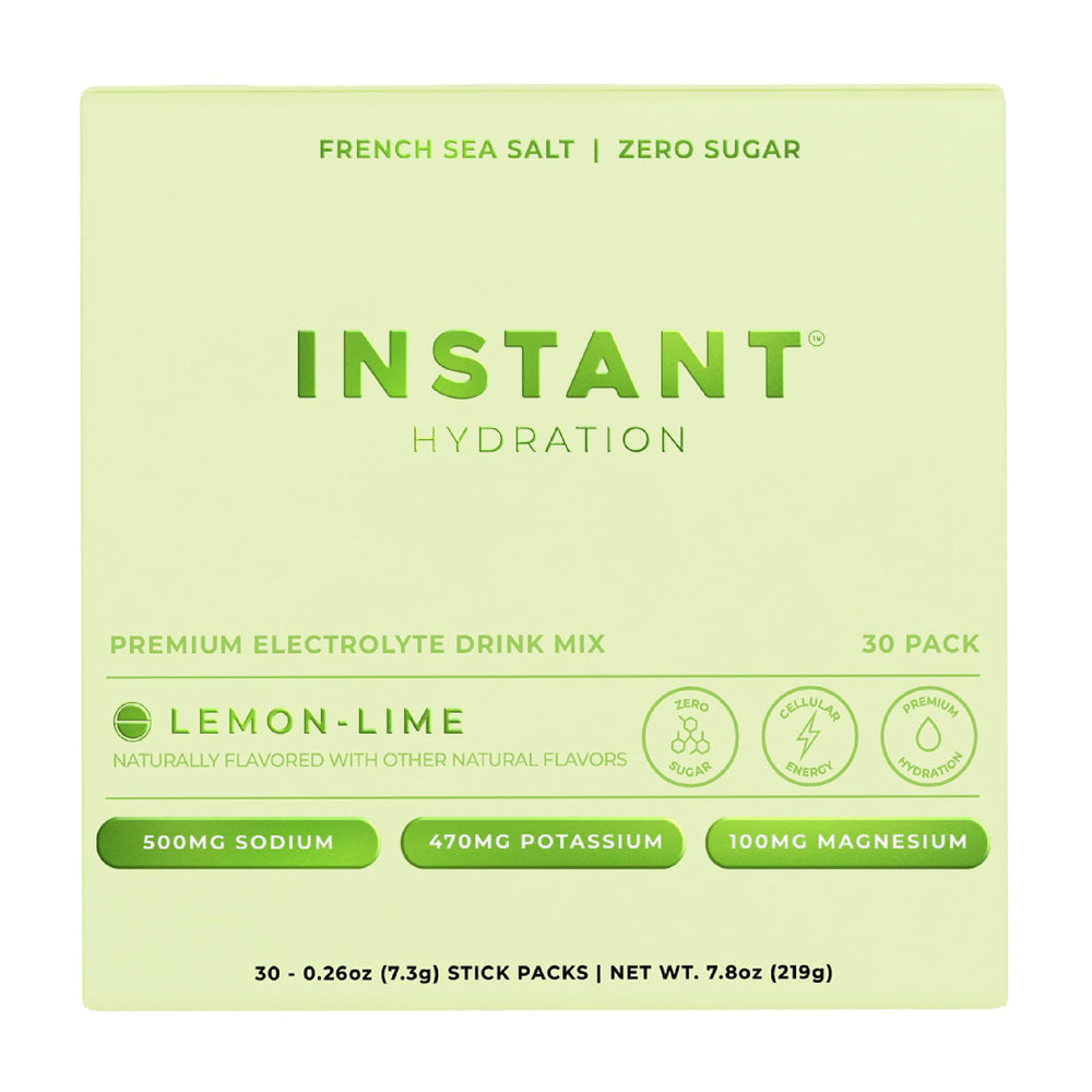 Instant Hydration Lemon Lime packets ready for quick electrolyte refreshment after workouts.